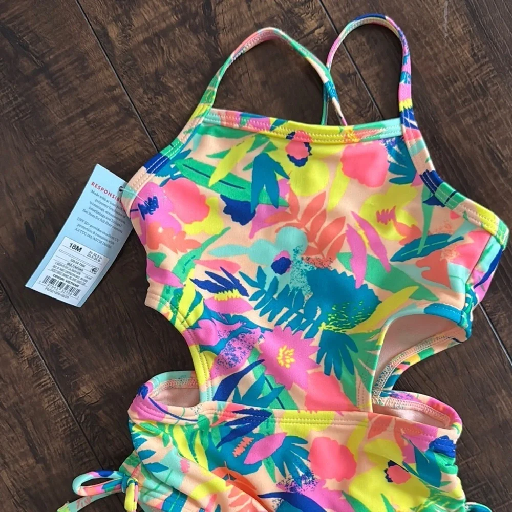 Cat & Jack Yellow and Pink One Piece Swimsuit with Tropical Print